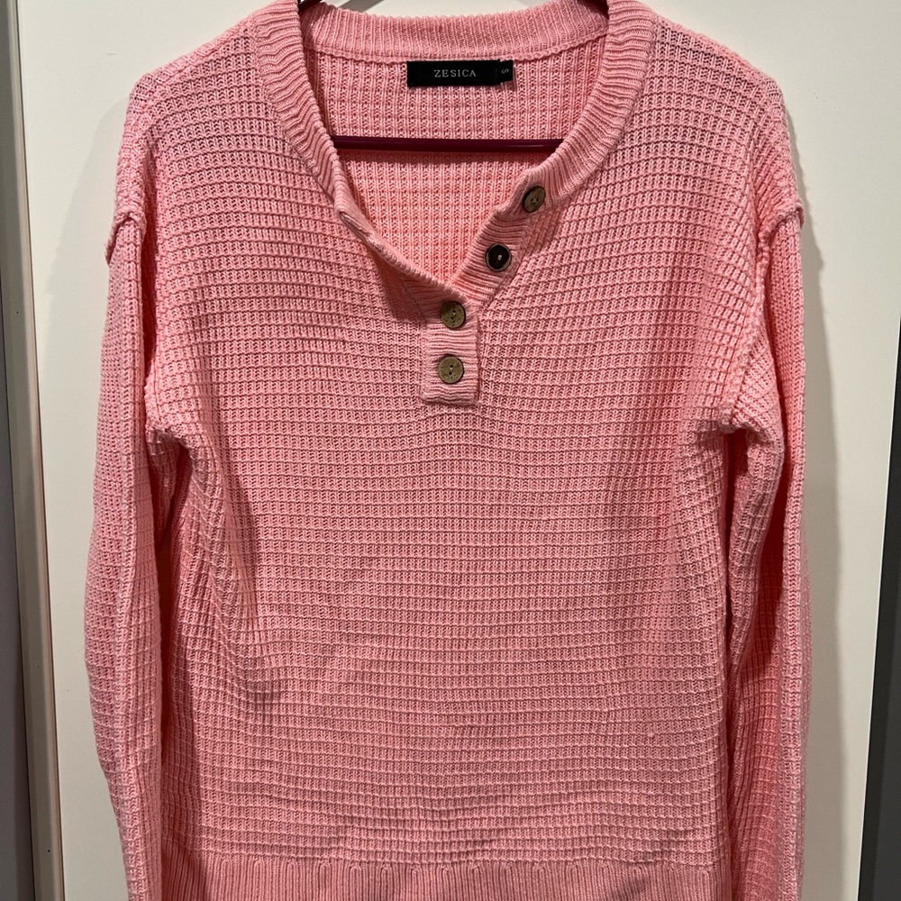 Zesica Pink Button-Detail Waffle Knit Sweater